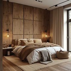 a large bed sitting next to a window in a room with wooden floors and walls