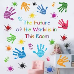 PRICES MAY VARY. Wide Occasions: This paint splash wall decor is perfect for art station, living room, kids’ bedroom, classroom, nursery, playroom, kindergarten, etc., creating a motivational atmosphere in this area. this baby wall decals suitable for any smooth, such as walls, glass, windows, closets, etc. Wall Decals Set: You will receive a set of colorful motivational saying the future of the world is in this room, prints hand with positive words, watercolor splash sticker. Unique design can liven up your place. Large Size: Our motivational wall decal stickers package in roll and come in compact form size wall decals, sheet size approx. 35.5 x 11.8 inches. and finished size approx. 26 x 25 inches. Note: the letter and hands watercolor splash are separate, so you can paste dimension as y Classroom Wall Colors, Classroom Decoration For Kindergarten, Mural Stickers, Baby Wall Decals, Classroom Background, Vinyl Painted, Inspirational Wall Decals, School Wall Art, Toddler Classroom