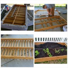 four pictures showing how to build a raised garden bed