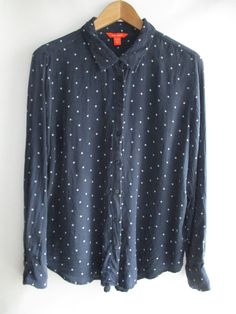 Joe Fresh silk shirt in very dark indigo with light grey or white polka dots. Size XL.  22 inches armpit to armpit, 28 inches from back of neck to hem.     In excellent condition with no holes, stains, or pulls. All Grown Up, Dark Indigo, Joe Fresh, Silk Shirt, White Polka Dot, Uniqlo, Womens Clothing Tops, Light Grey, Blouses For Women