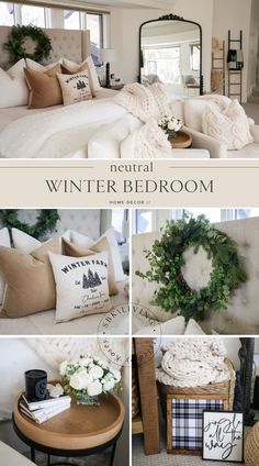 neutral winter bedroom collage with pillows, wreaths and other items in the living room