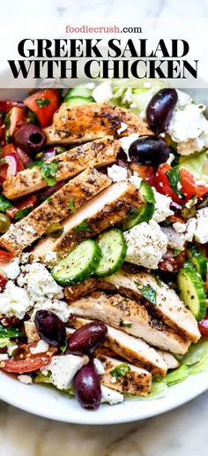 greek salad with chicken, cucumber, olives and feta cheese