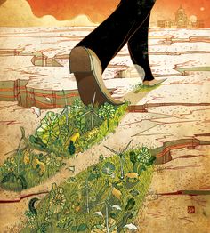 an illustration of a person jumping over a patch of grass on top of a field