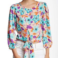 Beautiful Floral Tie Front Blouse, This Blouse Is A Large In Juniors Beach Purple Printed Blouse, Purple Floral Print Tops For Brunch, Purple Floral Print Blouse For Day Out, Spring Purple Floral Print Blouse, Spring Purple Printed Blouse, Tie Front Blouse, Fashion Tops, Floral Tie, Blue Purple