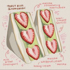 two slices of toast with strawberries in the shape of heart on top and words written below