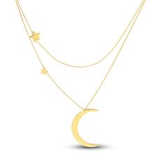 A shimmering crescent moon hangs elegantly from this playful women's necklace. Dazzling star stations embellish the chains to complete the look. Fashioned in 14K yellow gold, the 16-inch cable chain secures in place with a lobster clasp. Yellow Gold Moon Necklaces With Star Charm, Jared The Galleria Of Jewelry, Small Dress, Star Necklace, Cable Chain, Stars And Moon, Dress Accessories, Womens Necklaces, Gold Necklace