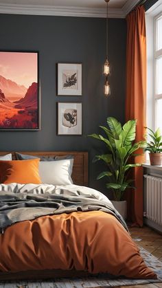 an orange and grey bedroom with pictures on the wall, bedding, and plants