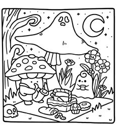 a coloring page with mushrooms and flowers on the ground in front of a full moon