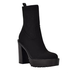 Day To Night The Guess Klynne Bootie Will Carry You Through It All. It Features A Lug Sole And Chunky Heel, With A Chic Knit Upper. 4.53" Block Heel, 1.38" Platform Shaft Height - 6.18", Circumference - 9.06" Shoe Width - Medium Pull On, Slip On Closure Textile, Faux Leather Upper, Man-Made Lining, Leather, Man-Made Sole Round Toe Lug Sole Platform Boot Faux Leather, Textile Spot Clean Imported Winter High Ankle Black Heels, Black High Ankle Winter Heels, Black High Ankle Heels For Winter, Black High Heel Platform Boots For Winter, Black Heels With Reinforced Heel For Winter, Black Winter Heels With Reinforced Heel, Winter Black Heels With Reinforced Heel, Black Closed Toe Winter Heels, Black Closed Toe Heels For Winter