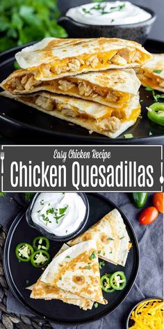 chicken quesadillas on a plate with sour cream and jalapenos