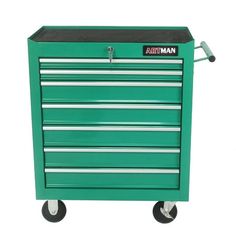 a green tool box on wheels with the word artman written on it's side