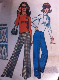 70s Pattern Vintage Simplicity Size 16 Pants Pattern No. 5745 1973 Size 16   Waist 30 Hip 40  Envelope shows visible tears & wear - at top of envelope. Great graphics for 70s style. Pants made from KNIT fabric  Wide Leg Hip Hugger pants  made to be worn 2 inches below normal waistline  Top stitched front yoke and elastic in casing View 2 turn back cuffs with elastic casing  Double knits, cotton, poly wool knit   Ships from my pet/smoke free home.  Convo me with questions.  You'll receive a free UpCyCled Gift Tag with your purchase.  Thanks for looking, check out my other patterns, vintage supplies & more! 60s Pants Outfits, 70s Pants Pattern, 70s Patterns Sewing, 60s Fashion Pants, 70s Work Outfit, 1976 Fashion, 1974 Fashion, 70s Fashion Magazine, 60s Pants