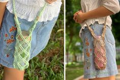 two pictures of a woman wearing shorts and holding a handbag with flowers on it