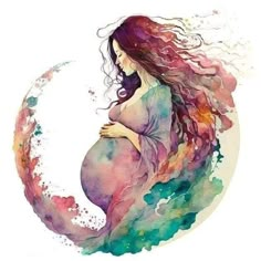 a pregnant woman sitting on top of a colorful crescent shaped object with watercolor paint