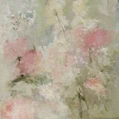 an abstract painting with pink and white flowers