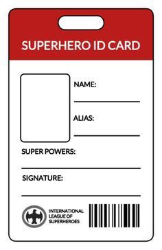 a red and white id card with the words superhero id card on it's side