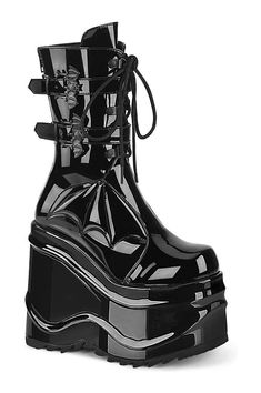 WAVE-150 Knee Boot | Black Patent-Knee Boots-Demonia-SEXYSHOES.COM Demonia Boots, Alternative Shoes, Goth Boots, Gothic Boots, Demonia Shoes, Womens Wedges, Wedge Boots, Mid Calf Boots, Ankle Straps