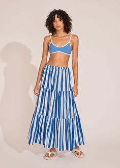 Effortless and lightweight, The Addison Skirt was made for your next destination. This maxi skirt features an elastic waistband to fit either high or low-waisted. Pair it with The Naomi Top for a coordinated look. One Piece Top, The Rachel, Solid And Striped, Marina Blue, Solid & Striped, Low Waisted, Matching Dresses, Upf 50, Blue Stripes