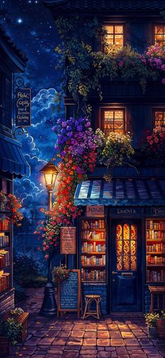 a painting of a book store with flowers on the windows and bookshelves outside