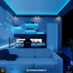 a living room with blue lighting and white furniture