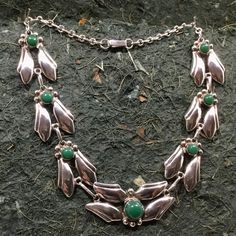 "A cicada choker hand-made in Mexico.  Legendary symbol of reincarnation. Nearly 27 pennyweights of sterling silver; stones are cabochon green agate. Piece measures 17\", width is 1 &1/8\"." Mexican Necklace, Green Agate, Vintage Mexican, Blue Diamond, Handmade Sterling Silver, Rope Chain, 14kt Gold, Diamond Solitaire, Vintage Necklace