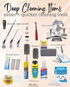 a poster with cleaning items labeled in the words deep cleaning items easier and quicker cleaning tools