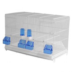 a white bird cage with blue plastic dividers on the top and bottom, in front of a white background