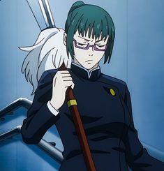 an anime character with green hair and glasses holding a broom in his hand while standing next to stairs