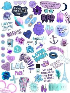 a bunch of stickers that are on top of a white sheet with purple and blue designs