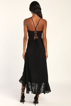 Bring an incomparable allure to your next event in the Lulus Sweet Aura Black Burnout Floral High-Low Maxi Dress! Lightweight woven fabric, with a burnout floral design throughout, forms a surplice neckline and a sleeveless bodice supported by slender straps that lace down the back and tie at the waist. A high, fitted waist tops an overlapping maxi skirt (with a ruffled trim) before ending at a flattering high-low, ruffle tiered hem. Hidden back zipper/clasp. Fit: This garment fits true to size. Flowy Lace Maxi Dress For Party, Lace Back Midi Party Dress, Lace Back Midi Dresses For Party, Summer Party Midi Dress With Lace Back, Party V-neck Maxi Dress With Lace-up Back, Midi Length Party Dress With Lace Back, Midi Length Lace Back Party Dresses, Lace Party Dress With Tie Back, Party Maxi Dress With Lace Back And Spaghetti Straps