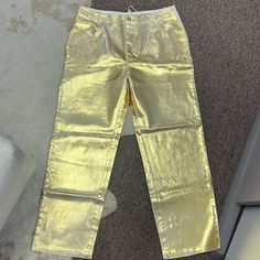 Brand New With Tags, Gold Metallic High Waist Straight Leg Pants. Trendy High Waist Gold Pants, Trendy Gold Wide-leg Bottoms, Trendy Gold Wide Leg Pants, Gold Long Pants For Summer, Casual Gold Wide Leg Bottoms, Spring High Waist Gold Pants, Casual High Waist Gold Pants, Casual Fitted Gold Pants, Casual Gold High Waist Pants