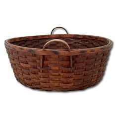 an old woven basket is shown on a white background