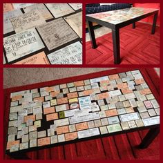 several pictures of different types of tiles on the floor and table with words written all over them