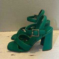 Kenneth Cole New York Nwt Size 7 M Green Lessia Sandals Square Toe 3.75” Block Heel Chic Green Sandals With 4-inch Heel, Green Synthetic Sandals With 4-inch Heel, Trendy Green Heels With Heel Strap, Trendy Green Heels With Buckle Closure, Green Formal Sandals With Buckle Closure, Formal Green Sandals With Buckle Closure, Summer Party Green Block Heels, Green Strappy Sandals With Heel Loop, Green Heels With Padded Heel