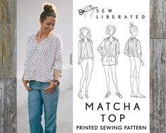 a woman standing next to a sign that says matcha top, printed sewing pattern