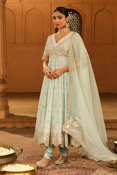 Misty green silk chanderi anarkali with kashmiri tilla and parsi gara embroidery. Comes with glazed cotton churidar and a silk organza dupatta. - Aza Fashions Parsi Gara Embroidery, Diana Penty, Luxury Sale, Pregnancy Outfits, Organza Dupatta, Fashion App, Silk Organza, Churidar, Green Silk