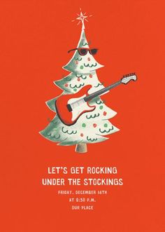 an image of a christmas tree with sunglasses on it and the words, let's get rocking under the stockings