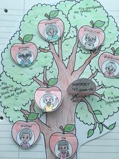 an apple tree with pictures of people in the leaves and hearts on it, cut out from paper