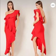 Stunning Red One Shoulder Dress Red Ruffled Midi Dress For Evening, Red Dressy Midi Dress For Summer, Dressy Red Midi Dress For Summer, Evening Red Midi Dress With Ruffles, Red Dressy Dress For Spring, Dressy Red Dress For Spring, Red Spring Dressy Dress, Red Dressy Spring Dress, Chic Red Maxi Dress With Ruffles