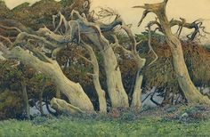 a painting of some trees in the grass