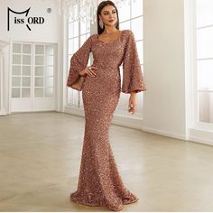 Miss Ord Women’s Formal Sequins Elegant V-Neck Prom Maxi Dress, Long Sleeve Mermaid Floor-Length Evening Gowns Brand New With Tags Sequin Wedding Gown, Rose Gold Evening Gown, Elegant Mermaid Dress, Gold Evening Gown, Silver Evening Gowns, Sukienki Plus Size, 파티 드레스, Evening Dresses With Sleeves, Sequin Prom Dress