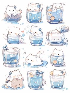 some cartoon cats are sitting in cups with water and bubbles on the bottom, one cat is