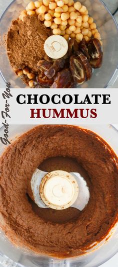 an open food processor with creamy chocolate hummus made with healthy ingredients Vegan Chocolate Hummus, Homemade Chocolate Hummus, Dark Chocolate Hummus Recipe, Chocolate Hummus Recipes Healthy, Garbanzo Bean Hummus Recipe, Chocolate Hummus Charcuterie Board, Healthy Chocolate Hummus, Chocolate Hummus Recipes, Simple Hummus Recipe