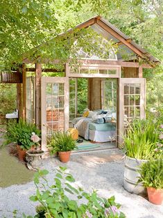 a small garden shed in the middle of some trees