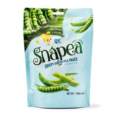 snap pea crispy green flat snack bag on white background with clipping for text