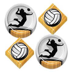 three plates with volleyball designs on them