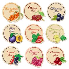 six different labels with fruits and berries on them