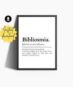 a black and white poster with the words bibliosma on it next to a yellow sticker