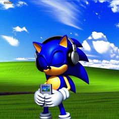 sonic the hedgehog holding a cell phone in front of a blue sky with clouds