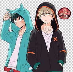 two anime characters wearing hoodies and one is holding his hand up to his ear